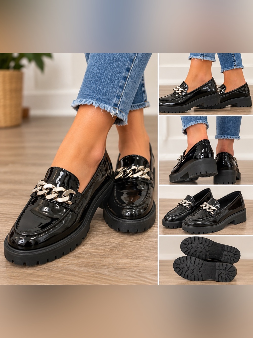 Serra Black Patent Loafers with Silver Chain Accent